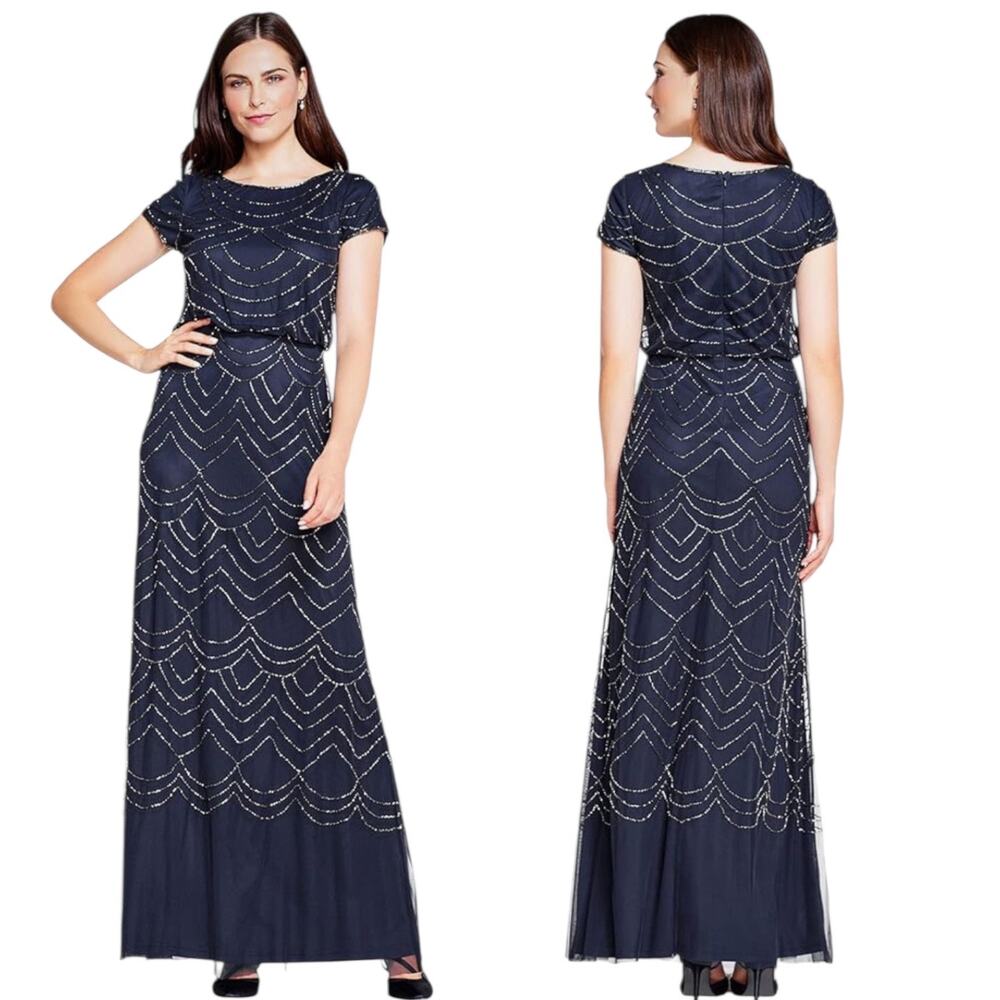 Adrianna Papell NWT Navy Blouson Beaded Gown
